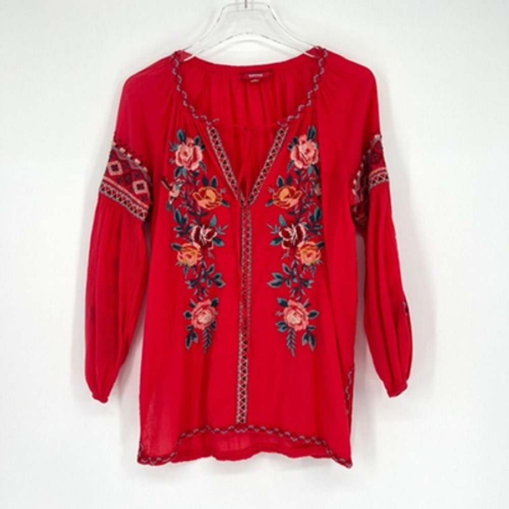 Johnny Was Top Womens S Hot Pink Floral Embroidered Peasant Boho Western